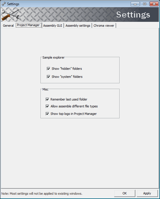 DNA Sequence Assembler->Manual->Settings window. General settings
